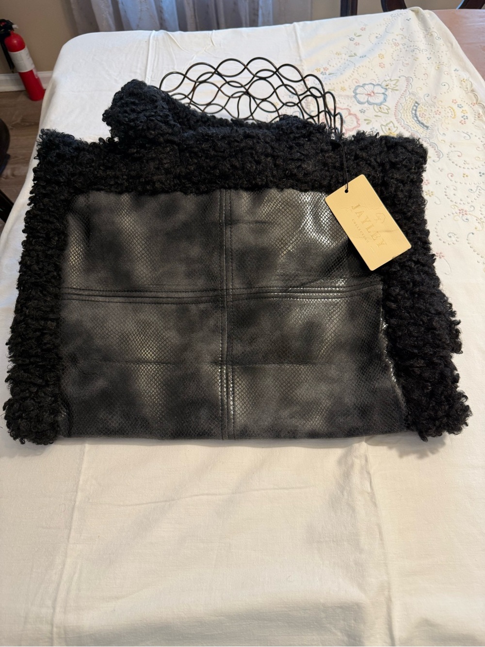 JAYLEY.  Black Faux Leather Large Sherpa Tote Bag -